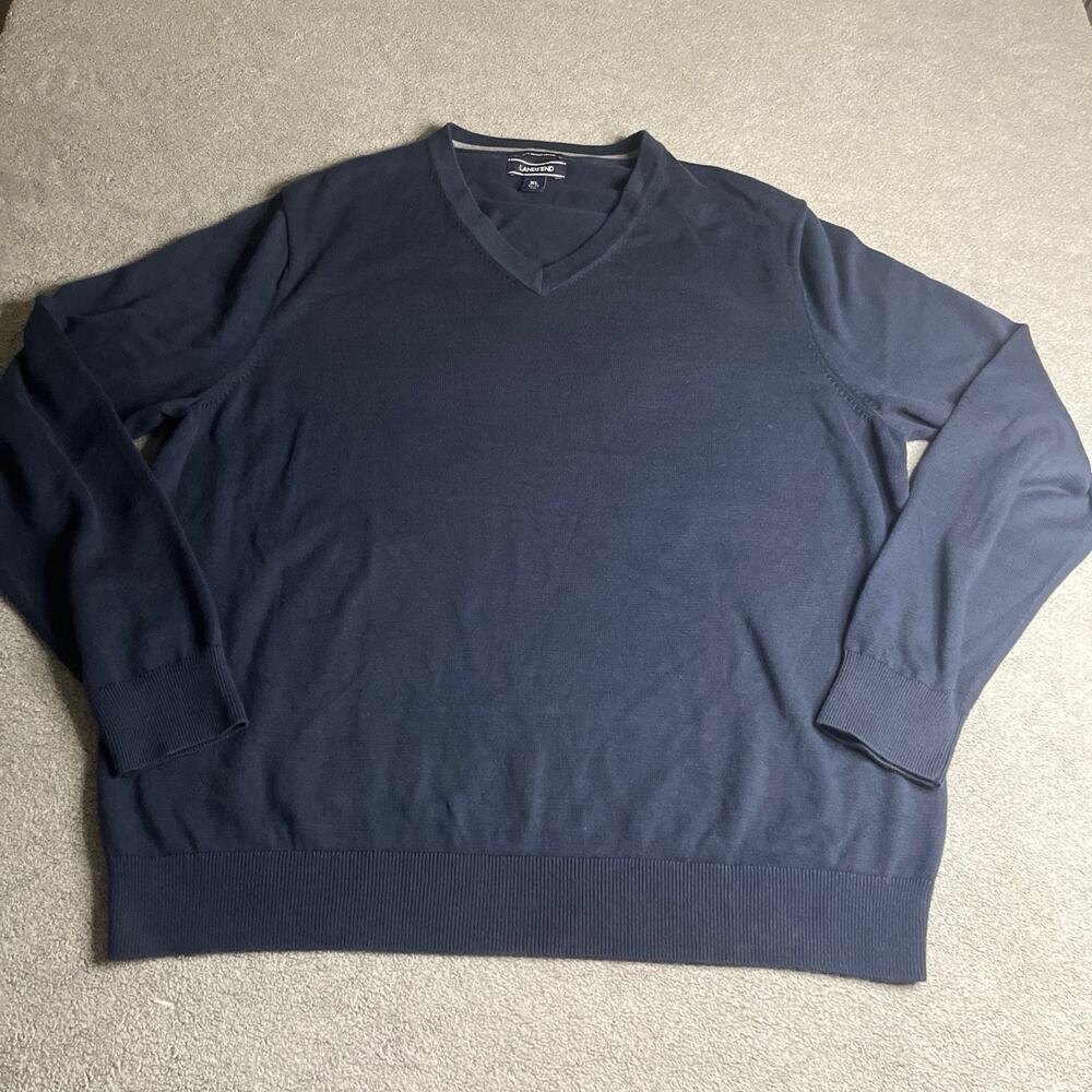 Lands' End Men's V-Neck Sweater XL Navy Blue Pullover Knit Comfort Long Sleeve